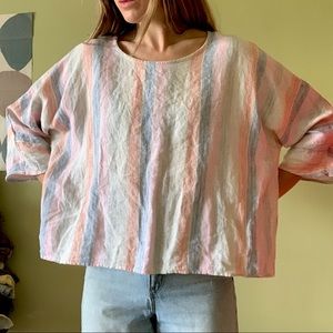 Paraphrase Linen 70s 80s pastel stripe loose oversized boxy blouse 3/4 sleeve